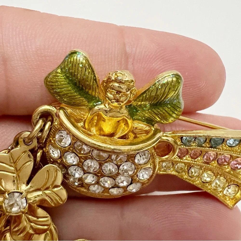 Vintage Kirks Folly Rainbow Clover Lucky Pot Of Gold Dangle Rhinestone Brooch